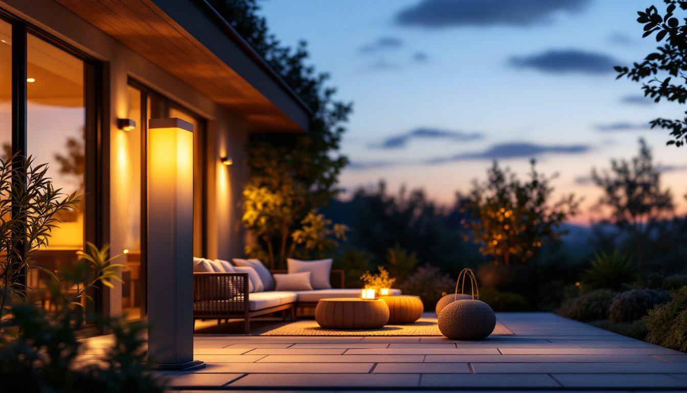 A photograph of a beautifully designed patio post light illuminating a cozy outdoor space at dusk