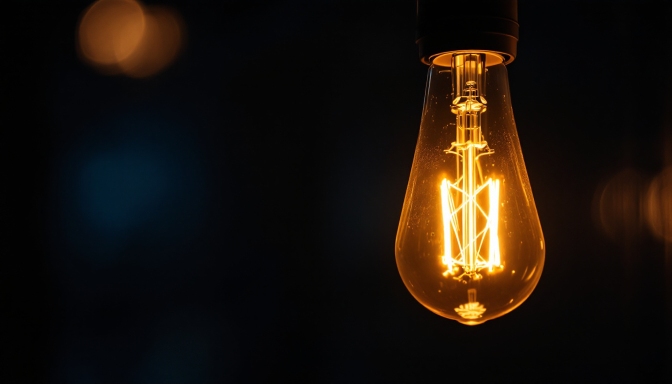 A photograph of a close-up of a flickering light bulb in a dimly lit room