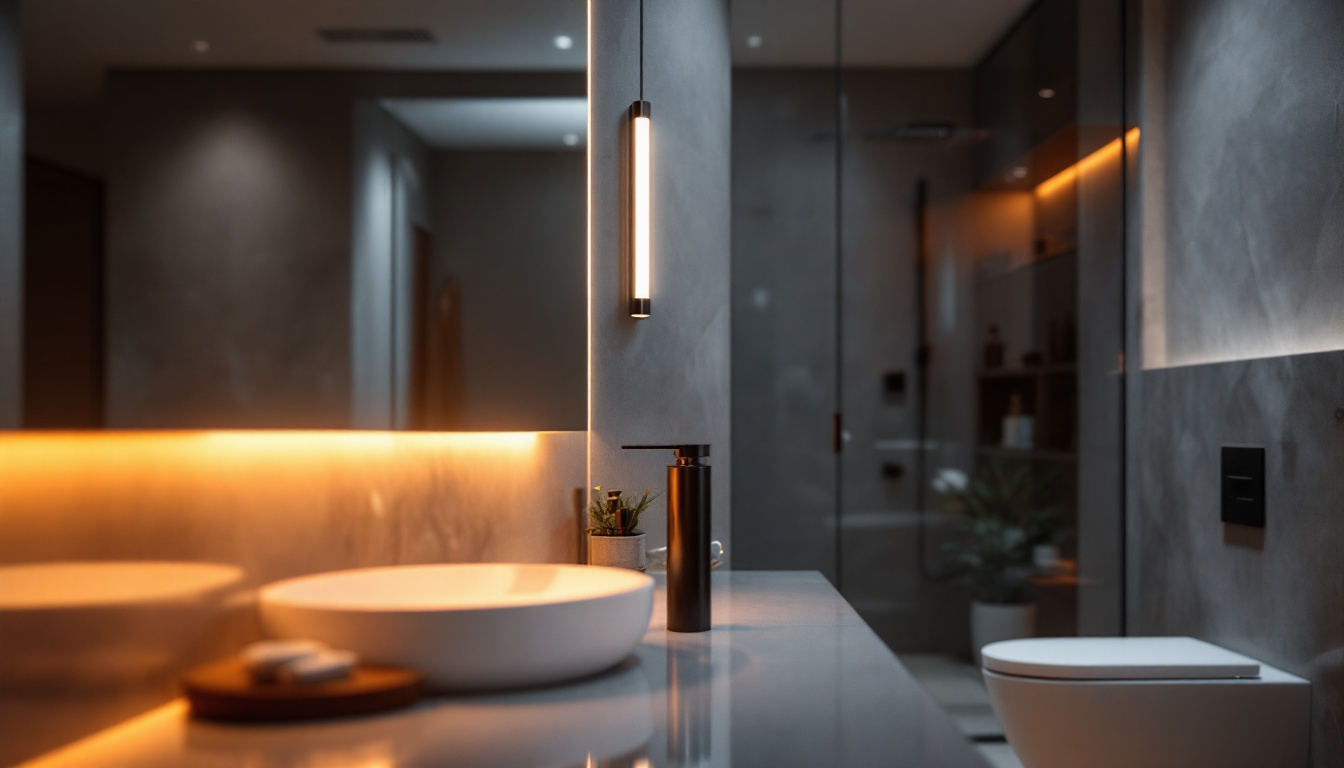 A photograph of a modern bathroom featuring sleek led lighting fixtures that highlight the space's design