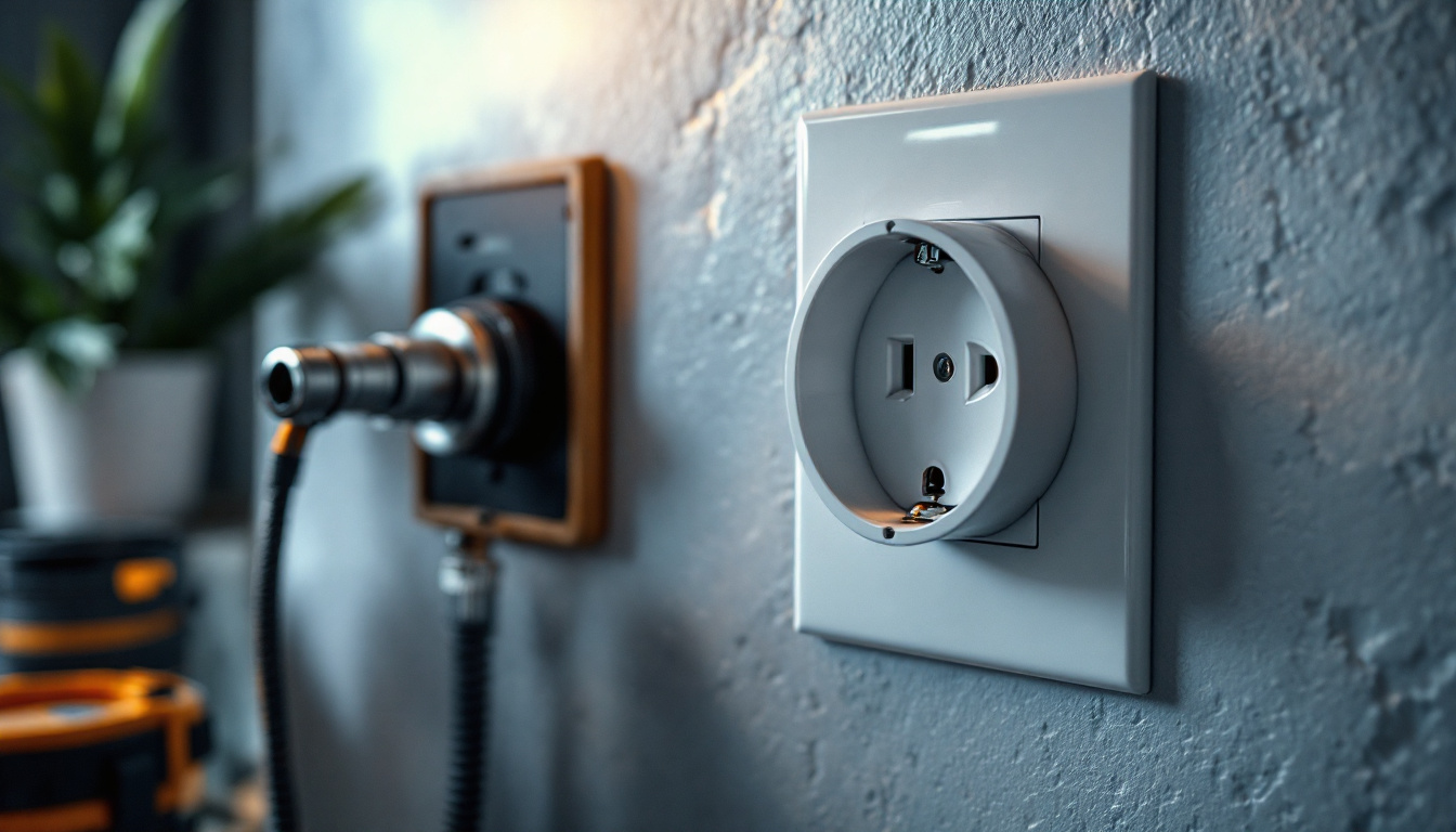 A photograph of a close-up view of a duplex power outlet installed in a modern home setting