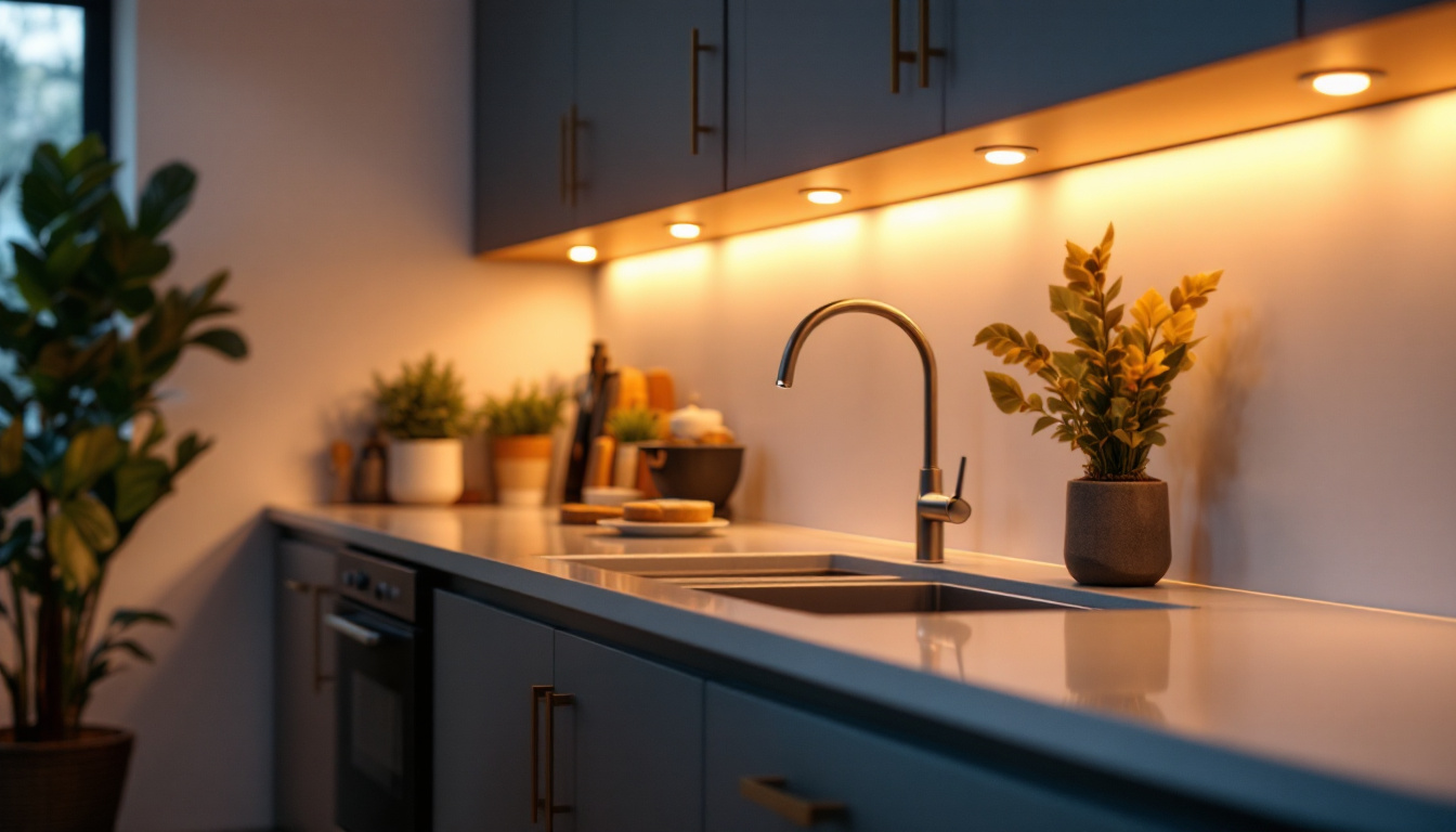 A photograph of a stylish kitchen featuring under cabinet led puck lights illuminating the countertop