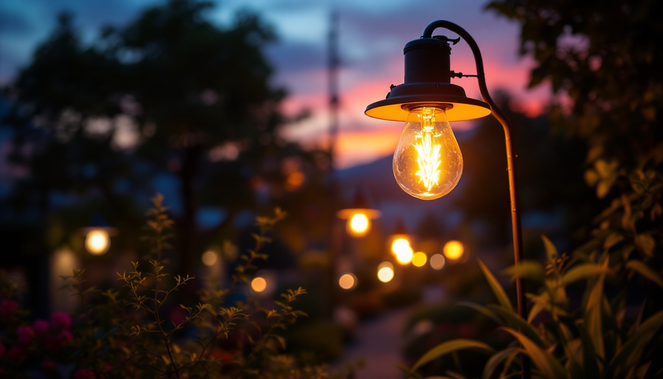 A photograph of a high-pressure sodium lamp illuminating a vibrant outdoor scene at dusk