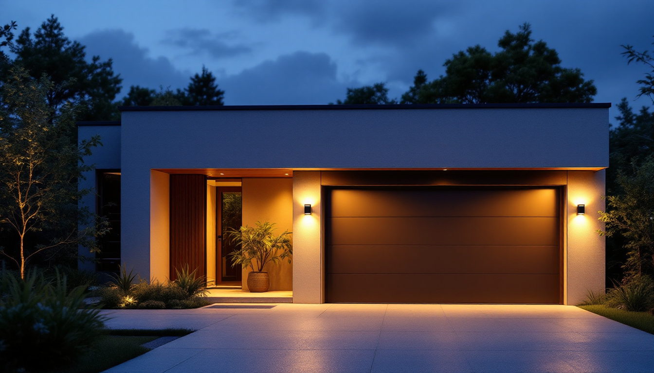 A photograph of a stylish solar exterior garage light illuminating a modern garage at dusk