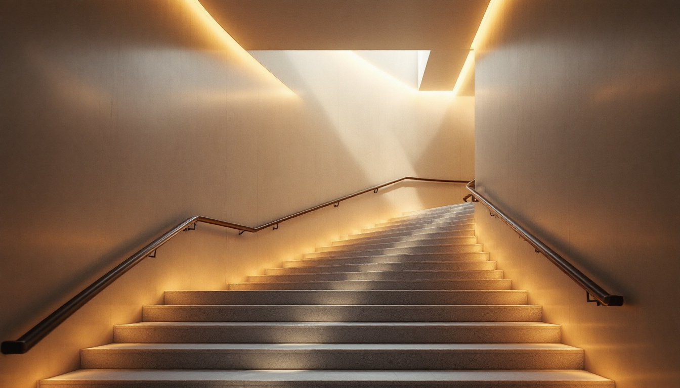 A photograph of capture a photograph of a beautifully designed staircase featuring elegant ceiling lighting