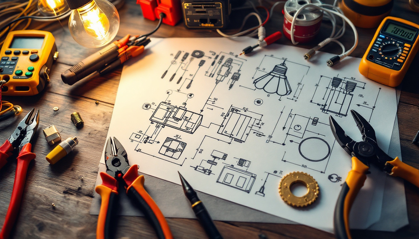 A photograph of a well-organized workspace featuring essential electrical wiring tools