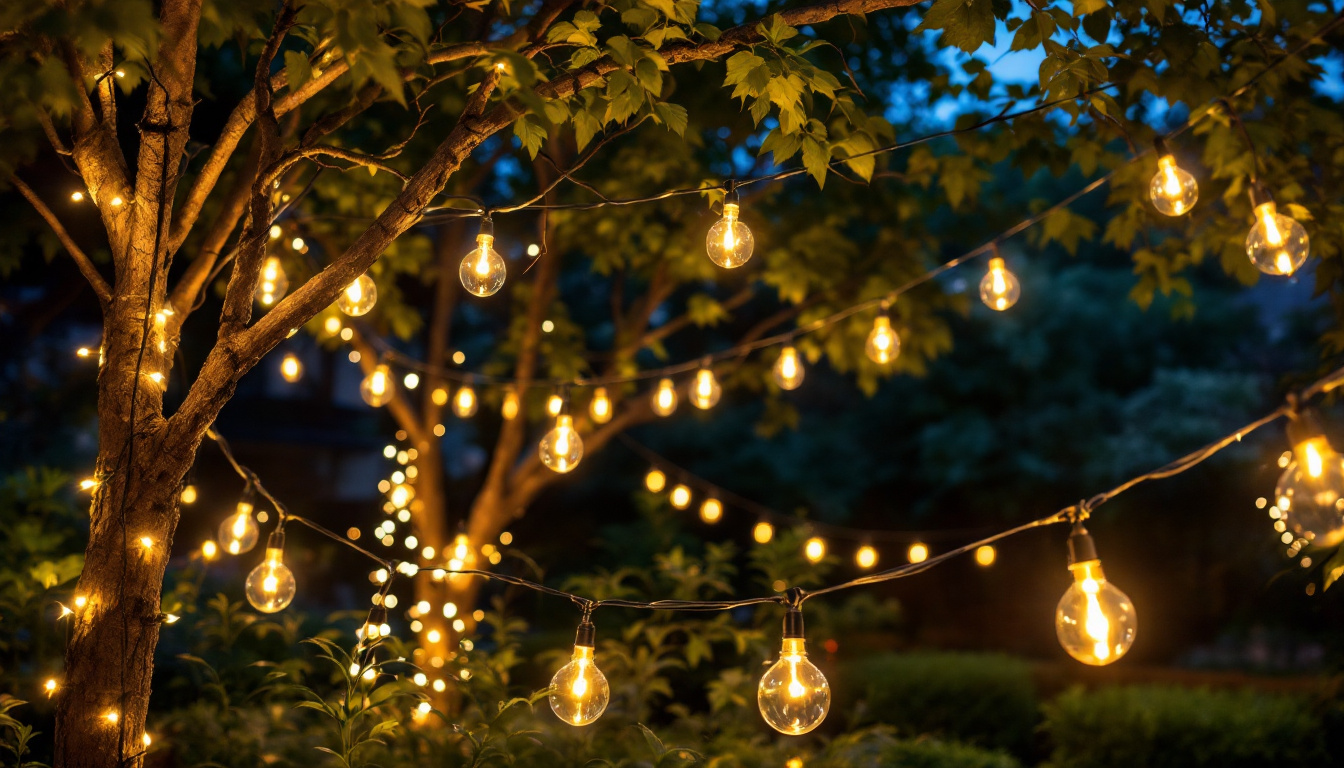 A photograph of a beautifully lit outdoor space featuring led exterior string lights elegantly draped across trees or structures