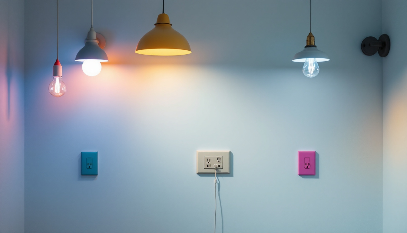 A photograph of a well-lit room showcasing a variety of light fixtures and colored outlet covers
