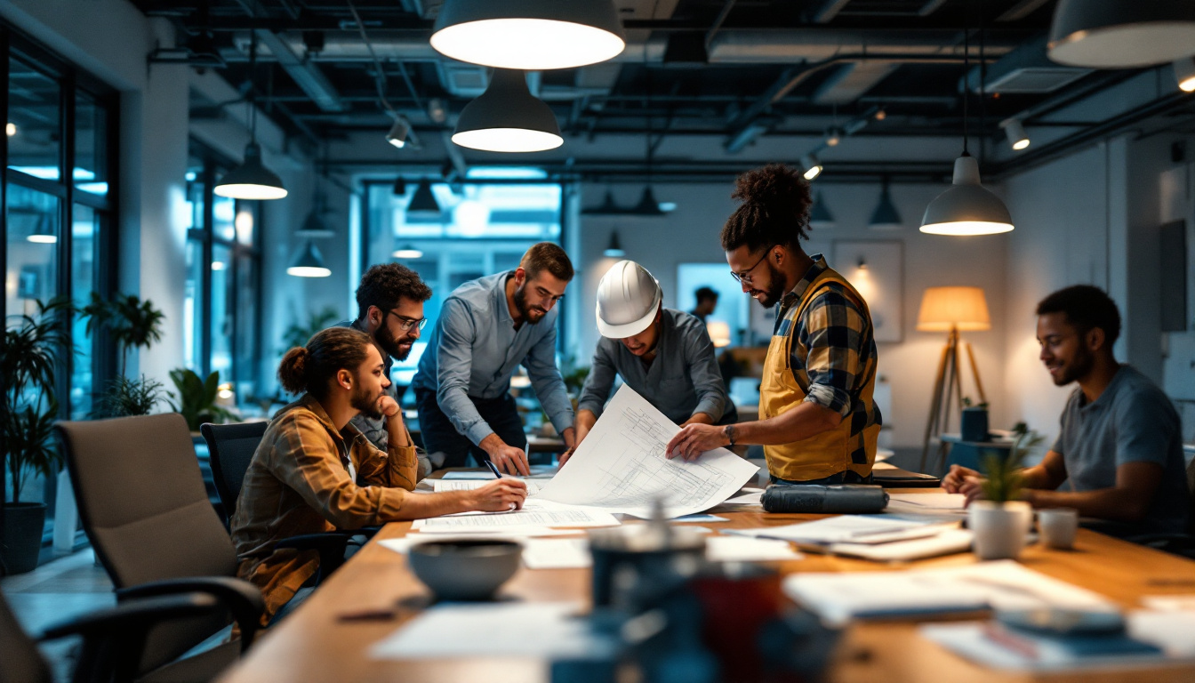 A photograph of a well-lit engineering workspace featuring a diverse group of engineers collaborating over lighting design plans