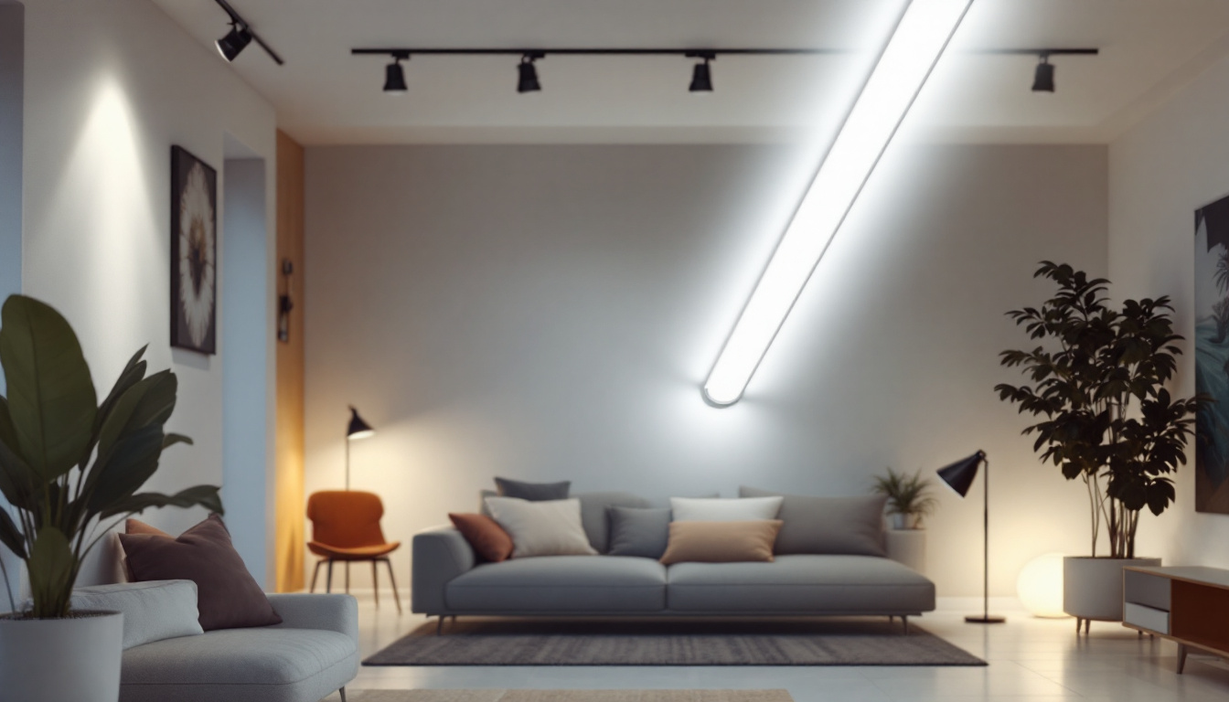 A photograph of a well-lit indoor space showcasing 8 ft led tube bulbs installed in a modern lighting design