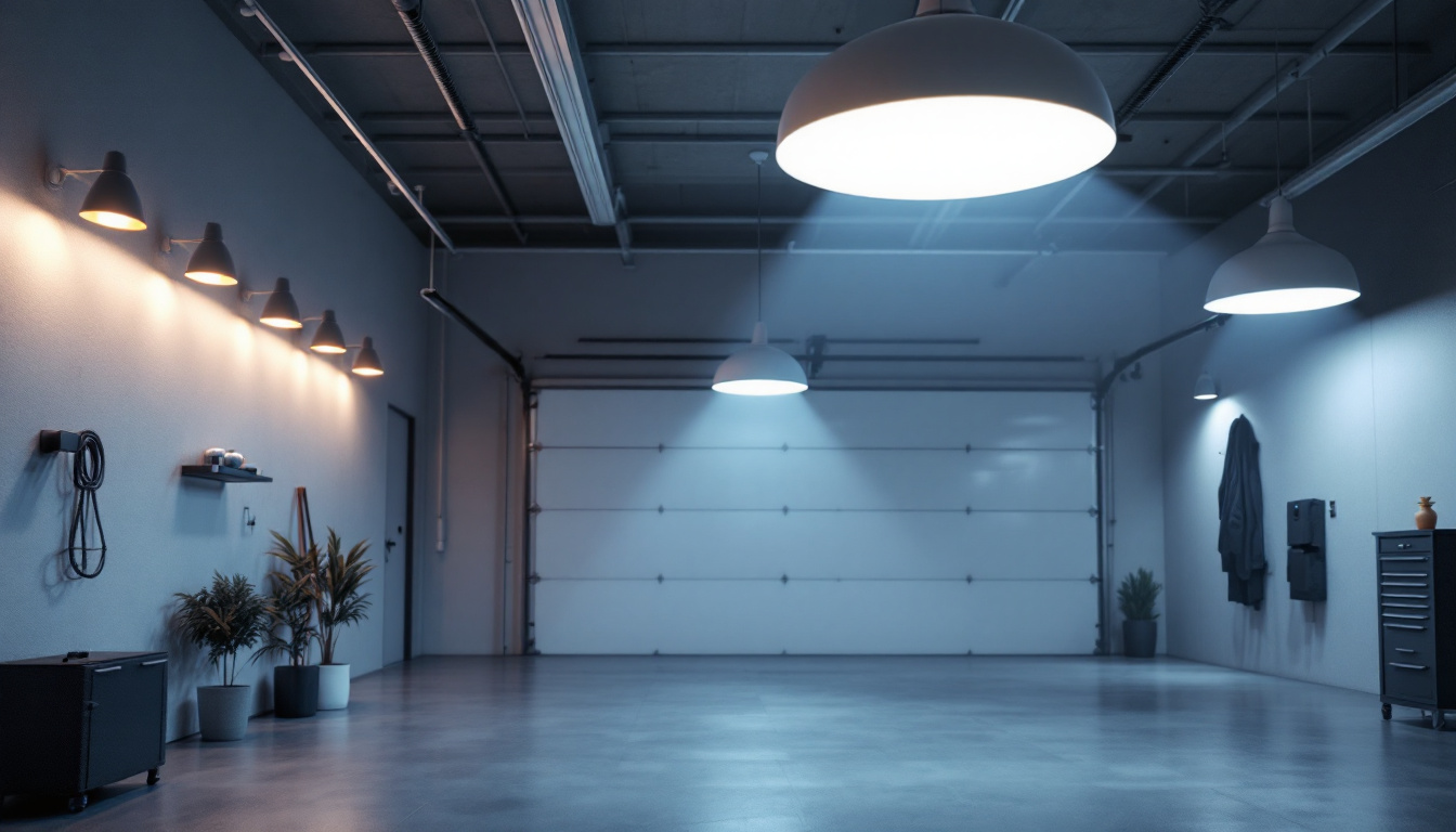 A photograph of a stylish garage showcasing modern lighting fixtures in action