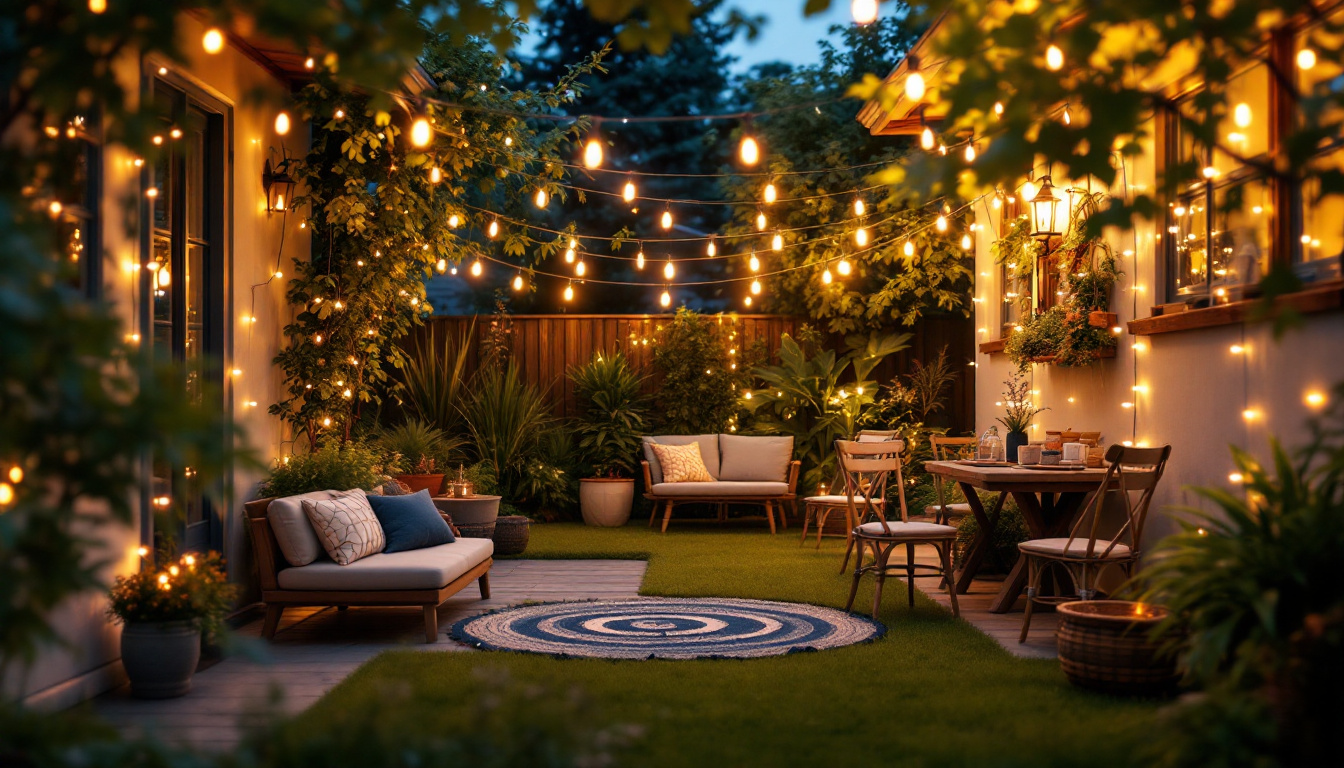 A photograph of a beautifully lit outdoor space adorned with white string lights