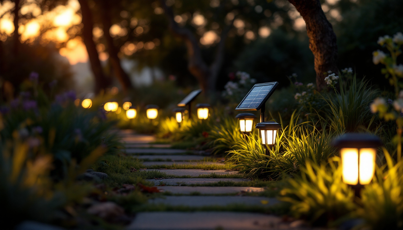A photograph of a well-lit outdoor scene featuring solar panel lights illuminating a pathway or garden