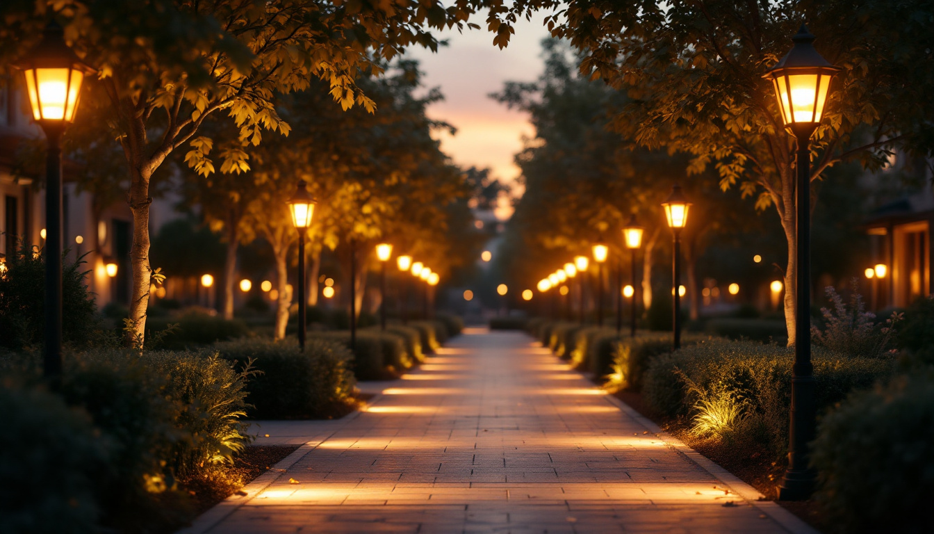 A photograph of a beautifully lit outdoor space featuring various styles of light posts