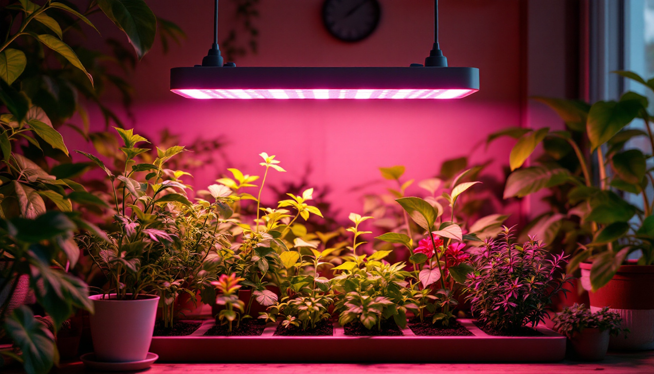 A photograph of a modern indoor garden illuminated by a uv growing light