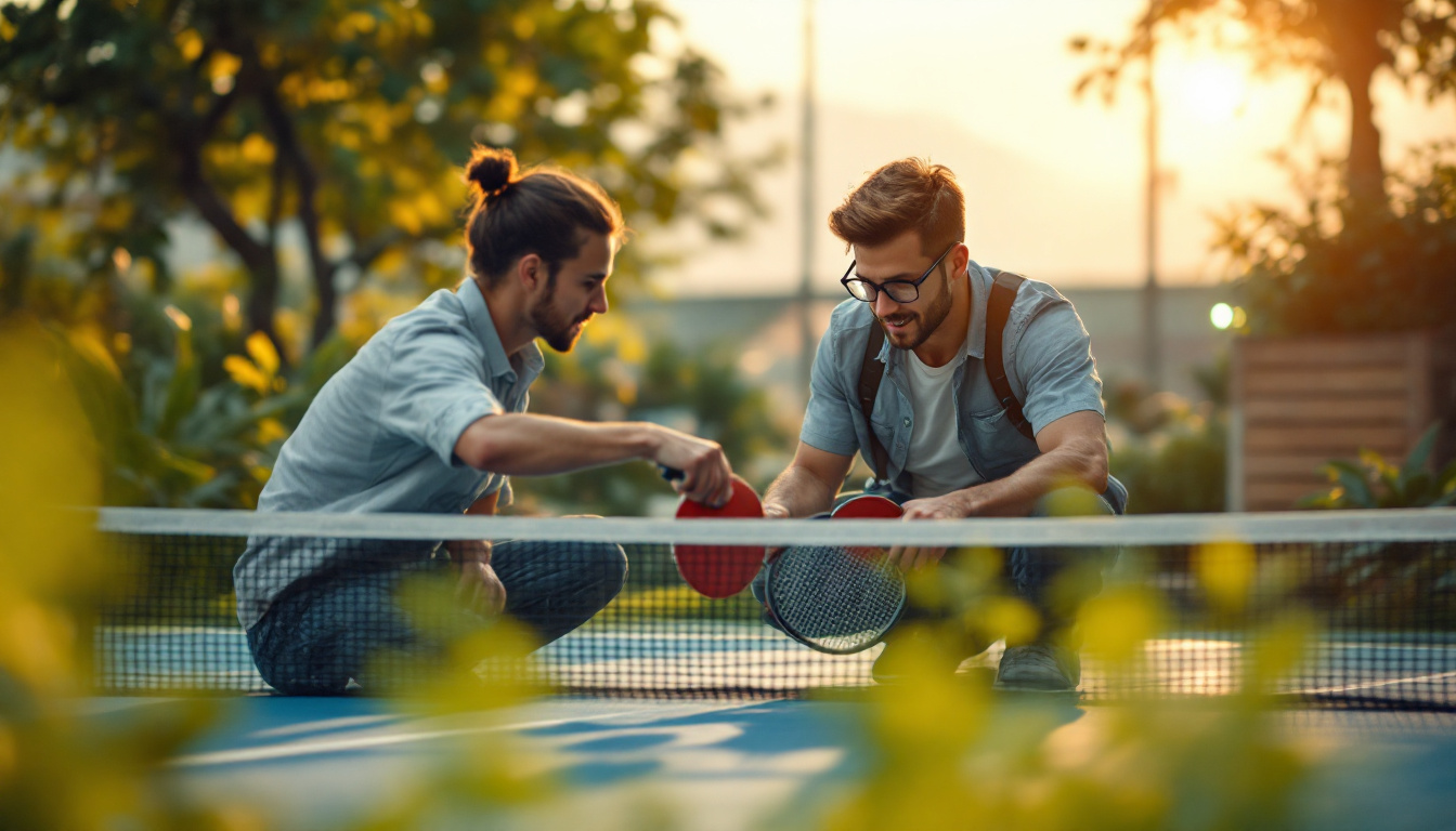 A photograph of a dynamic scene featuring engineers engaged in a game of light tennis