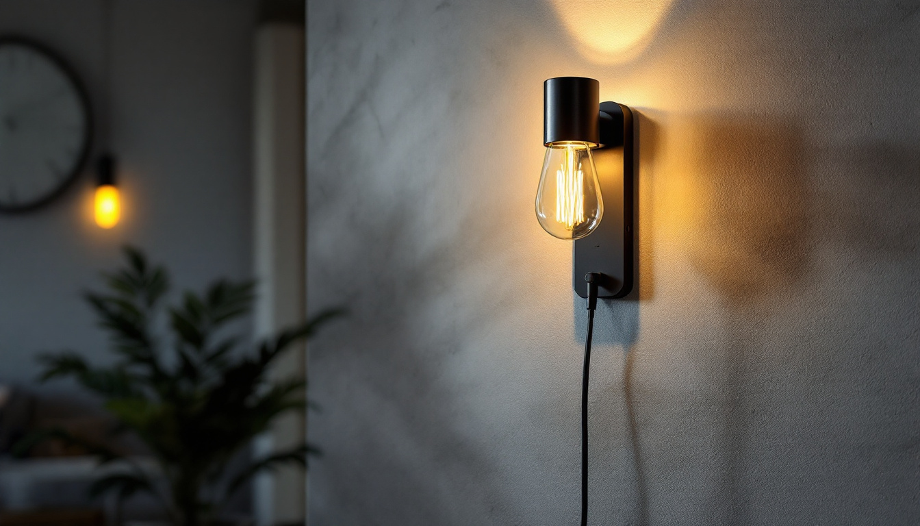 A photograph of a stylish wall sconce with an integrated outlet