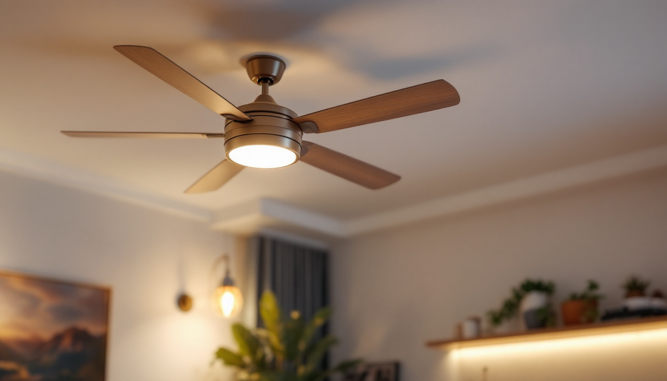 A photograph of a beautifully designed ceiling fan installed in a modern living space