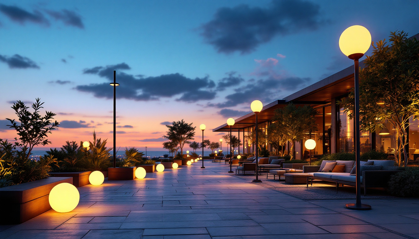 A photograph of a beautifully illuminated outdoor space featuring large lamps