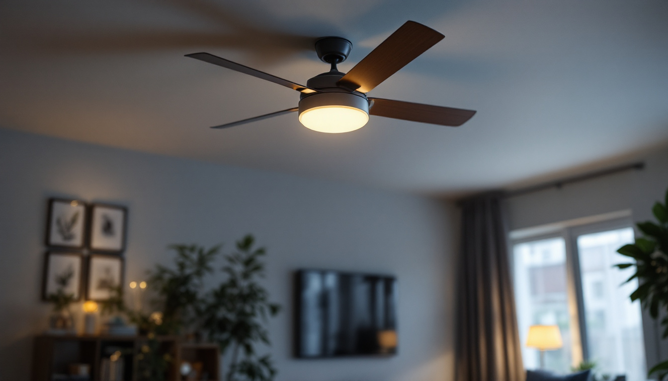 A photograph of a stylish ceiling fan with an integrated light fixture in a well-lit