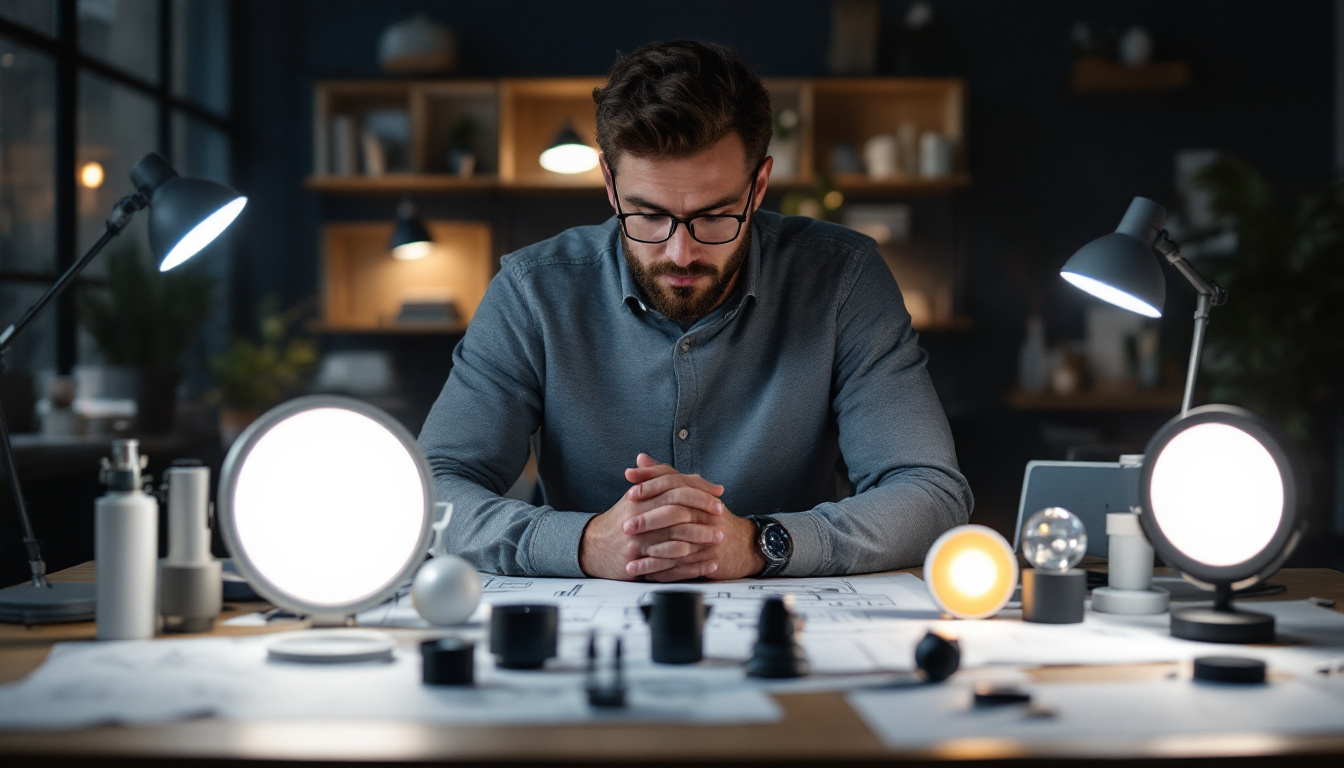 A photograph of an engineer thoughtfully examining a variety of innovative lighting solutions