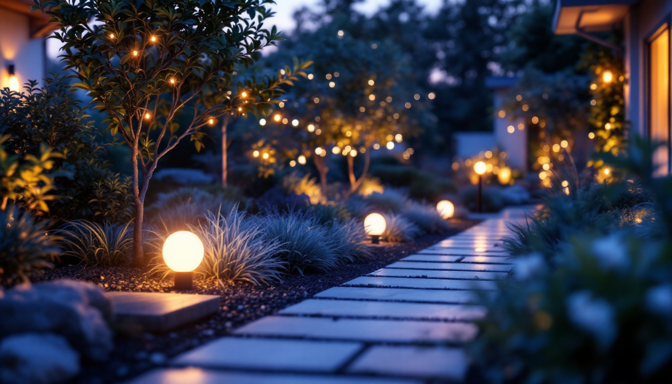 A photograph of a beautifully illuminated outdoor space featuring solar panel lights in various settings