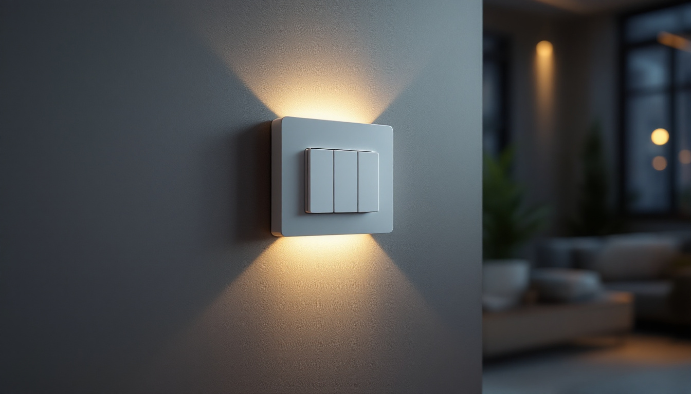 A photograph of a stylish three-way led dimmer switch installed in a modern home setting