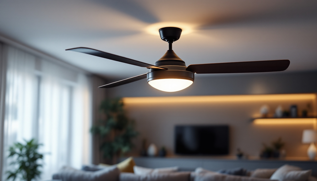 A photograph of a stylish ceiling fan with integrated dimmable lighting in a modern living space