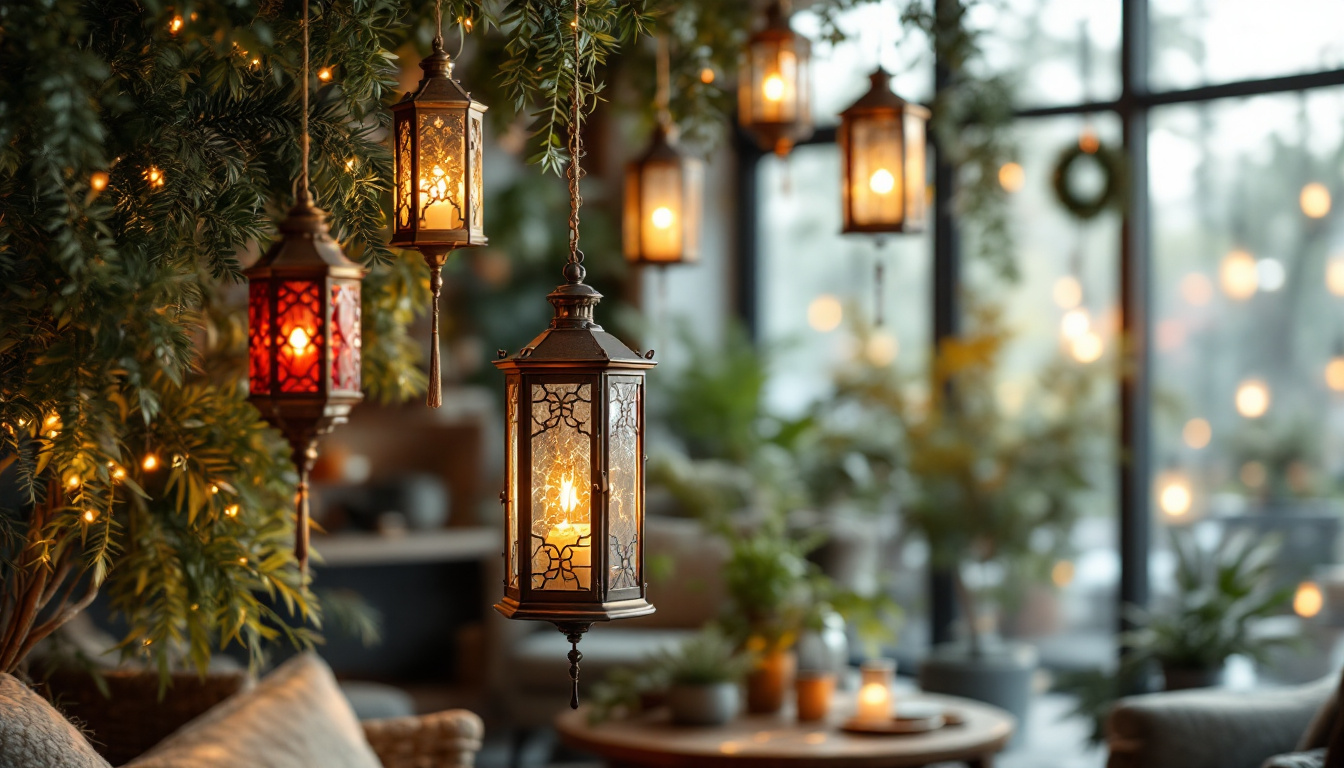 A photograph of a beautifully arranged indoor space featuring a variety of hanging lanterns in different styles and sizes