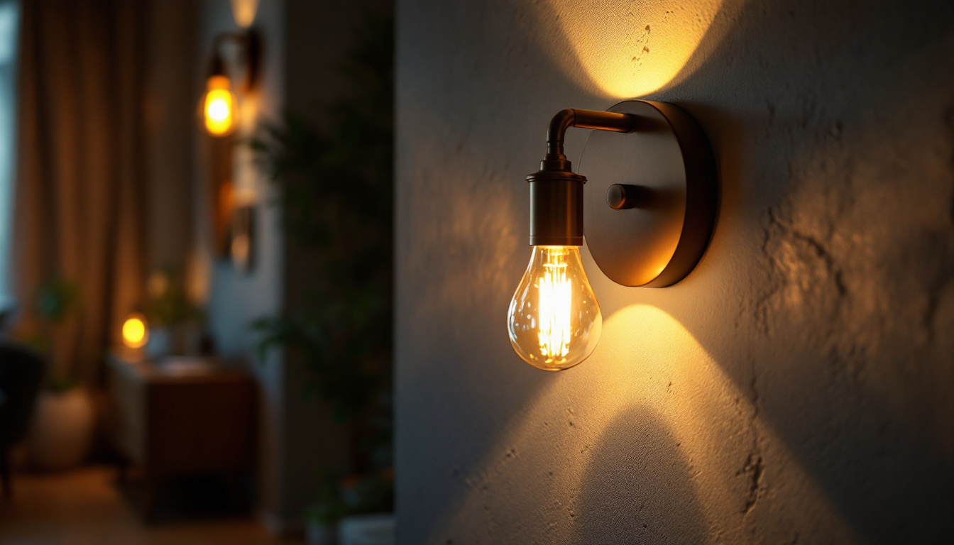 A photograph of a stylish wall lamp fixture illuminated in a cozy interior setting