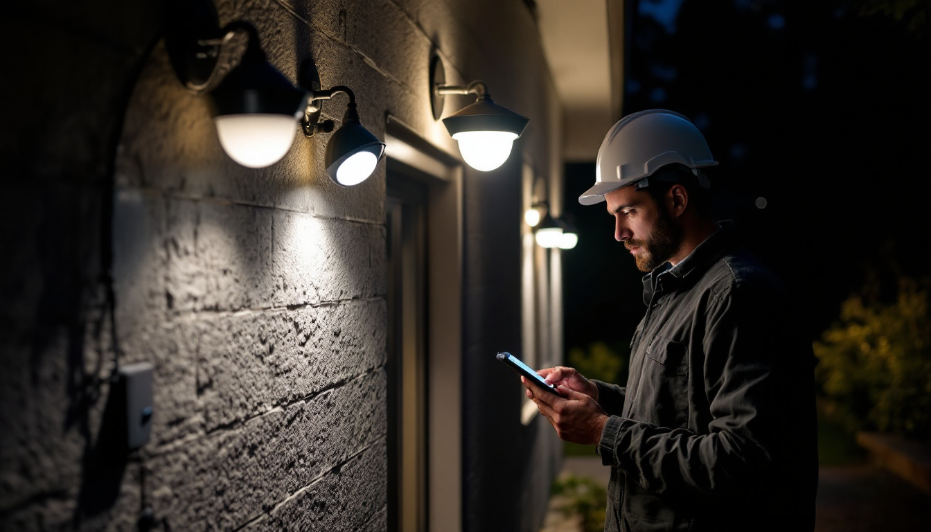 A photograph of a well-lit outdoor space featuring various types of security lights installed around a home