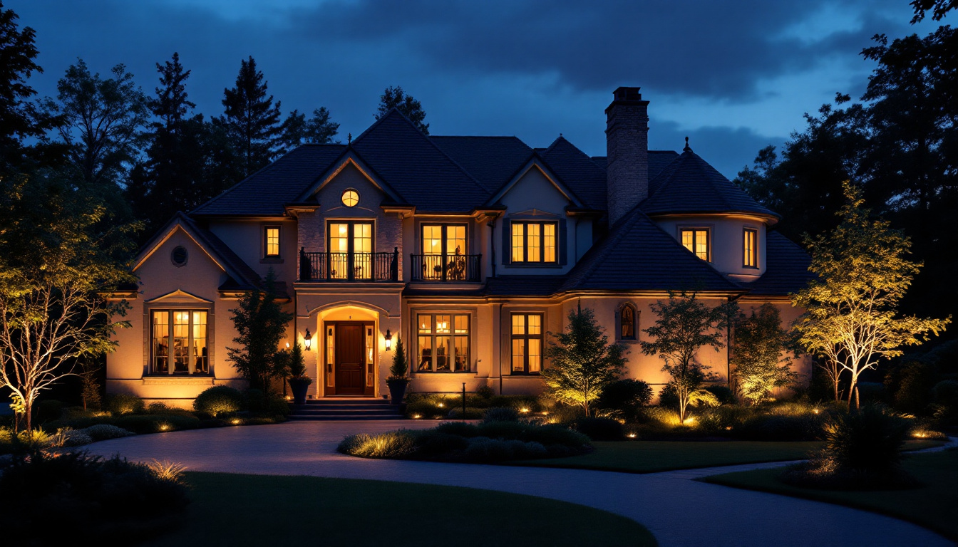 A photograph of a beautifully illuminated exterior of a house at dusk