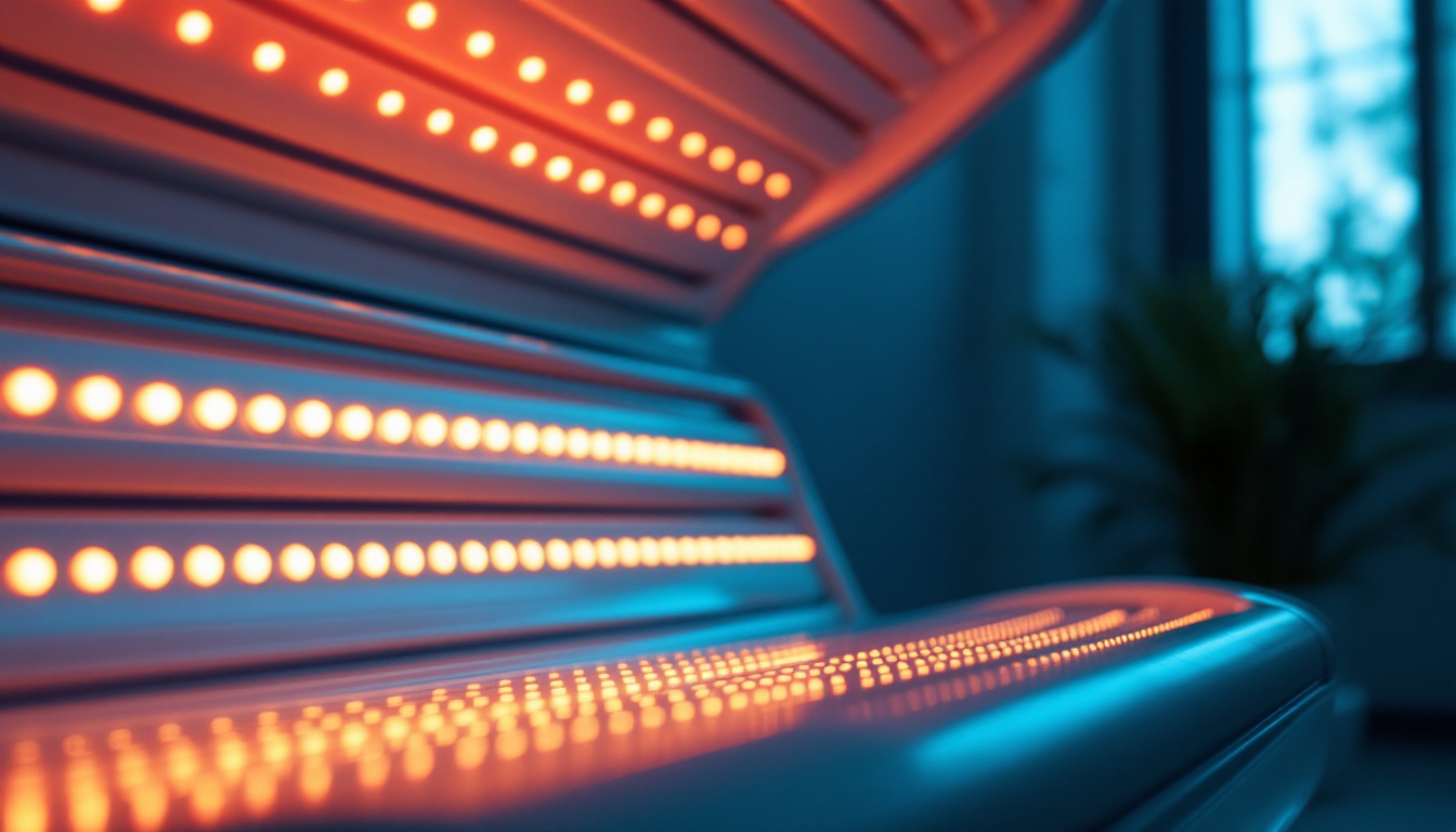 A photograph of a modern tanning booth with its vibrant bulbs illuminated