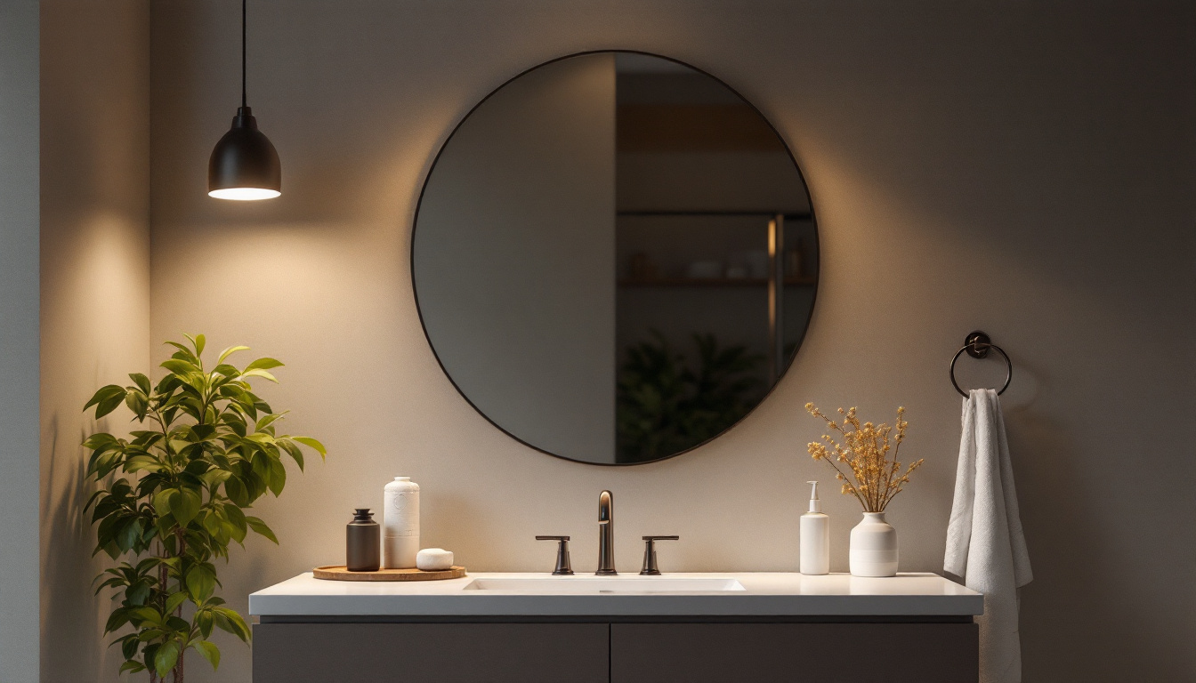 A photograph of a stylish bathroom vanity light fixture in a well-lit bathroom setting