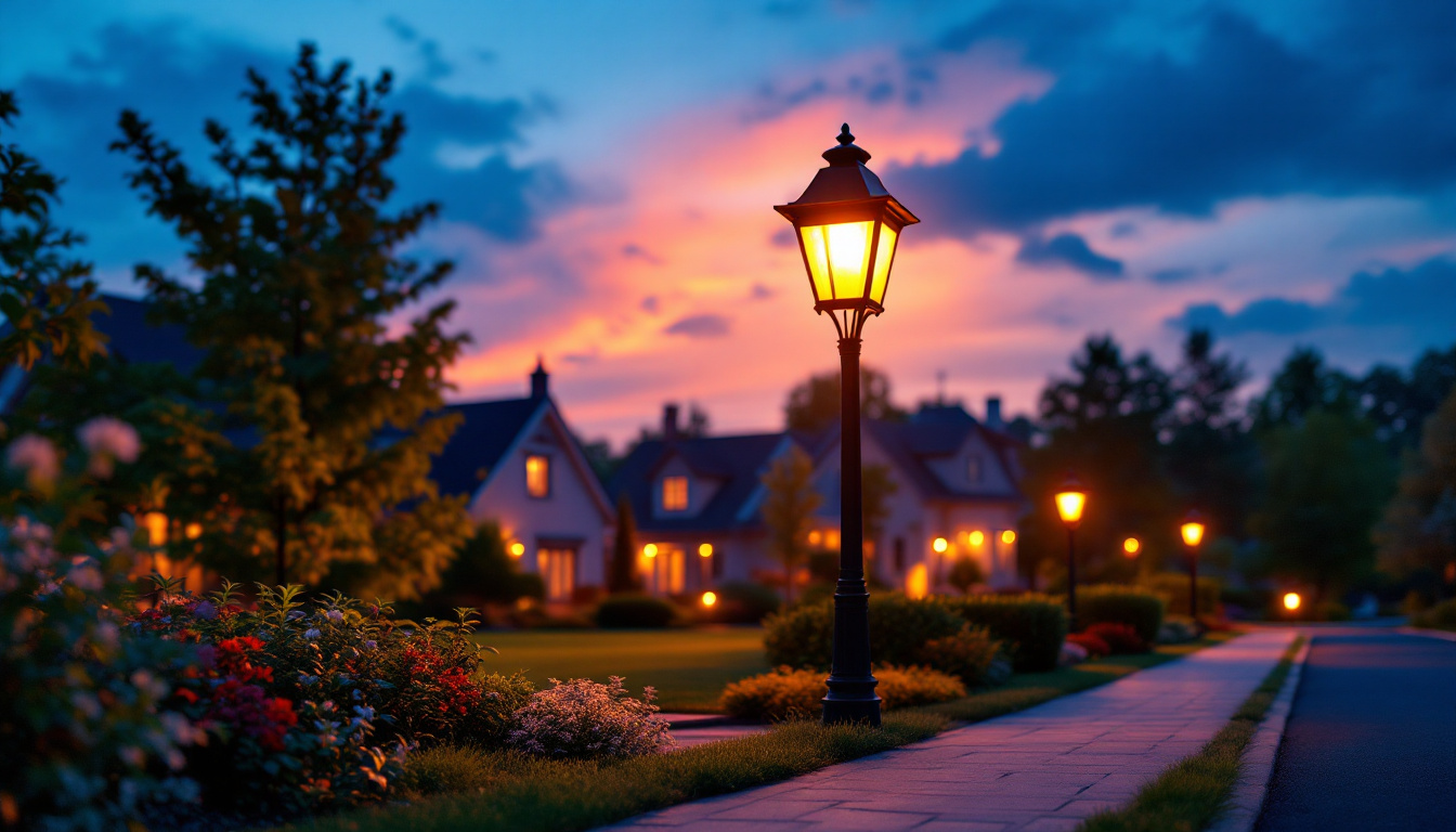 A photograph of a beautifully illuminated residential lamp post in a cozy neighborhood setting at dusk