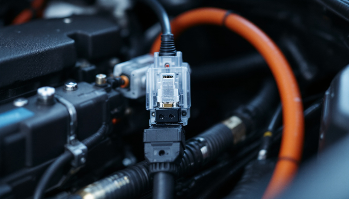A photograph of a close-up of a waterproof automotive electrical connector installed in a vehicle