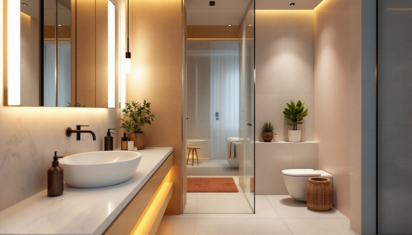 A photograph of a modern bathroom featuring stylish led lighting elements