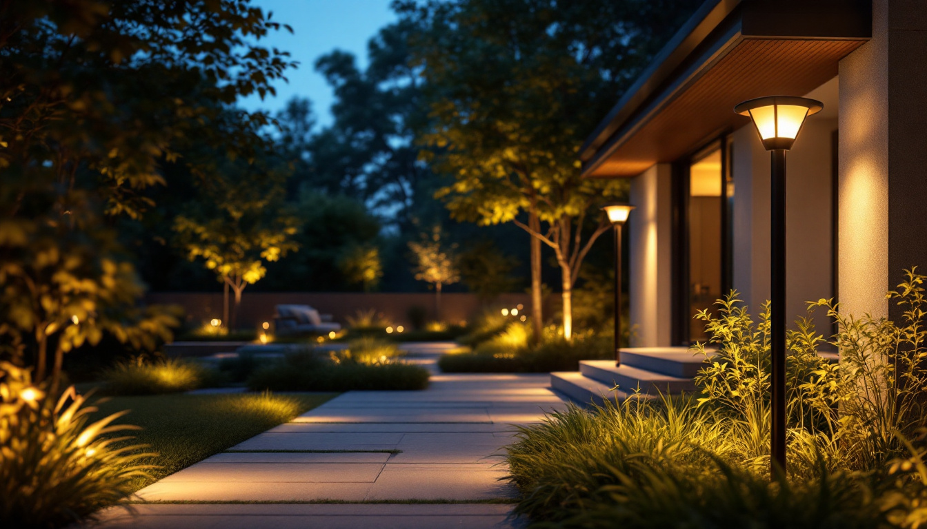 A photograph of a beautifully illuminated outdoor space featuring modern led flood lights