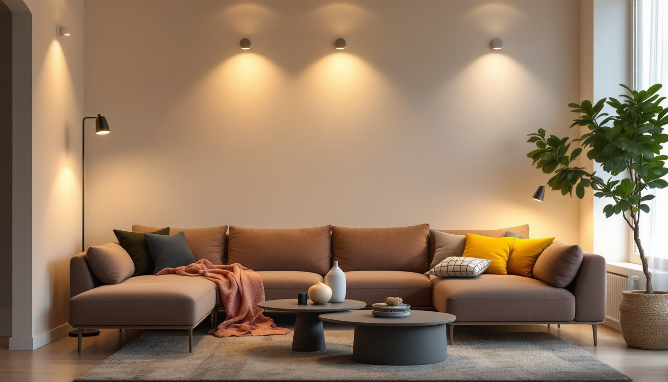 A photograph of a stylishly designed living space featuring various led light fixtures with dimmers in action