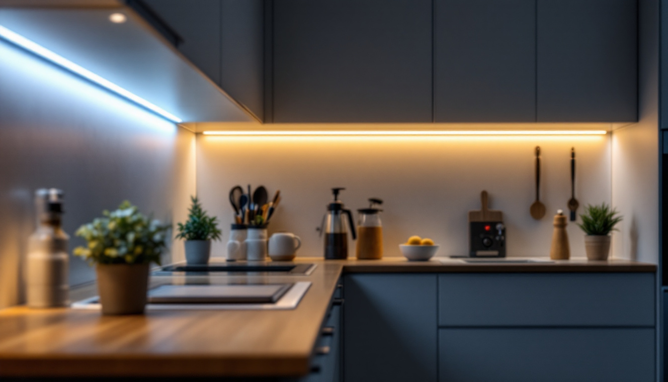 A photograph of a beautifully illuminated kitchen or workspace featuring sleek led under cabinet strip lighting