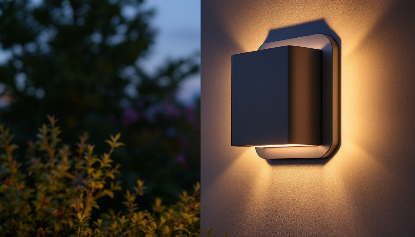 A photograph of a beautifully designed outdoor solar-powered wall sconce illuminated at dusk