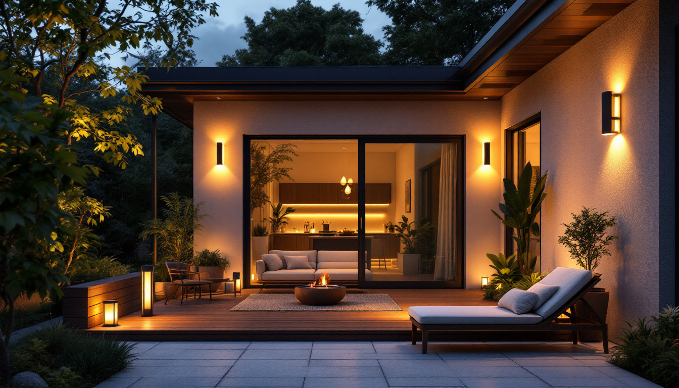 A photograph of a beautifully designed outdoor patio illuminated by various styles of solar lighting fixtures