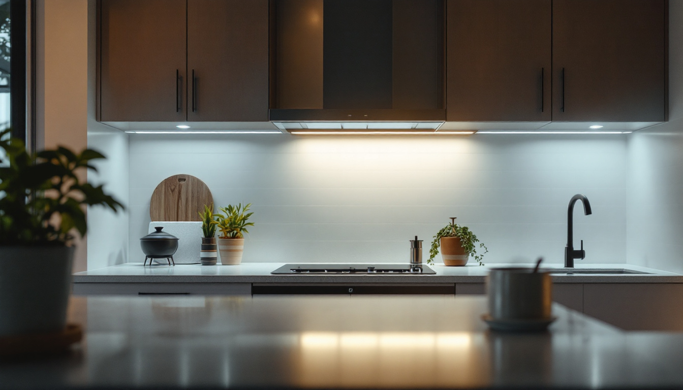 A photograph of a well-lit kitchen featuring sleek under cabinet light strips illuminating countertops