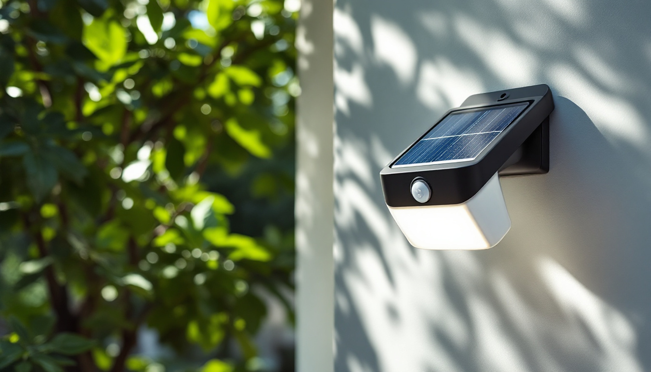 A photograph of a solar-powered light with a motion sensor installed in a garden or outdoor setting