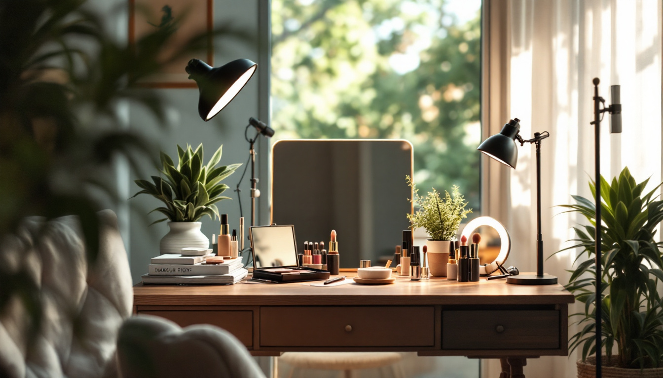 A photograph of a well-lit makeup station featuring a variety of lighting options