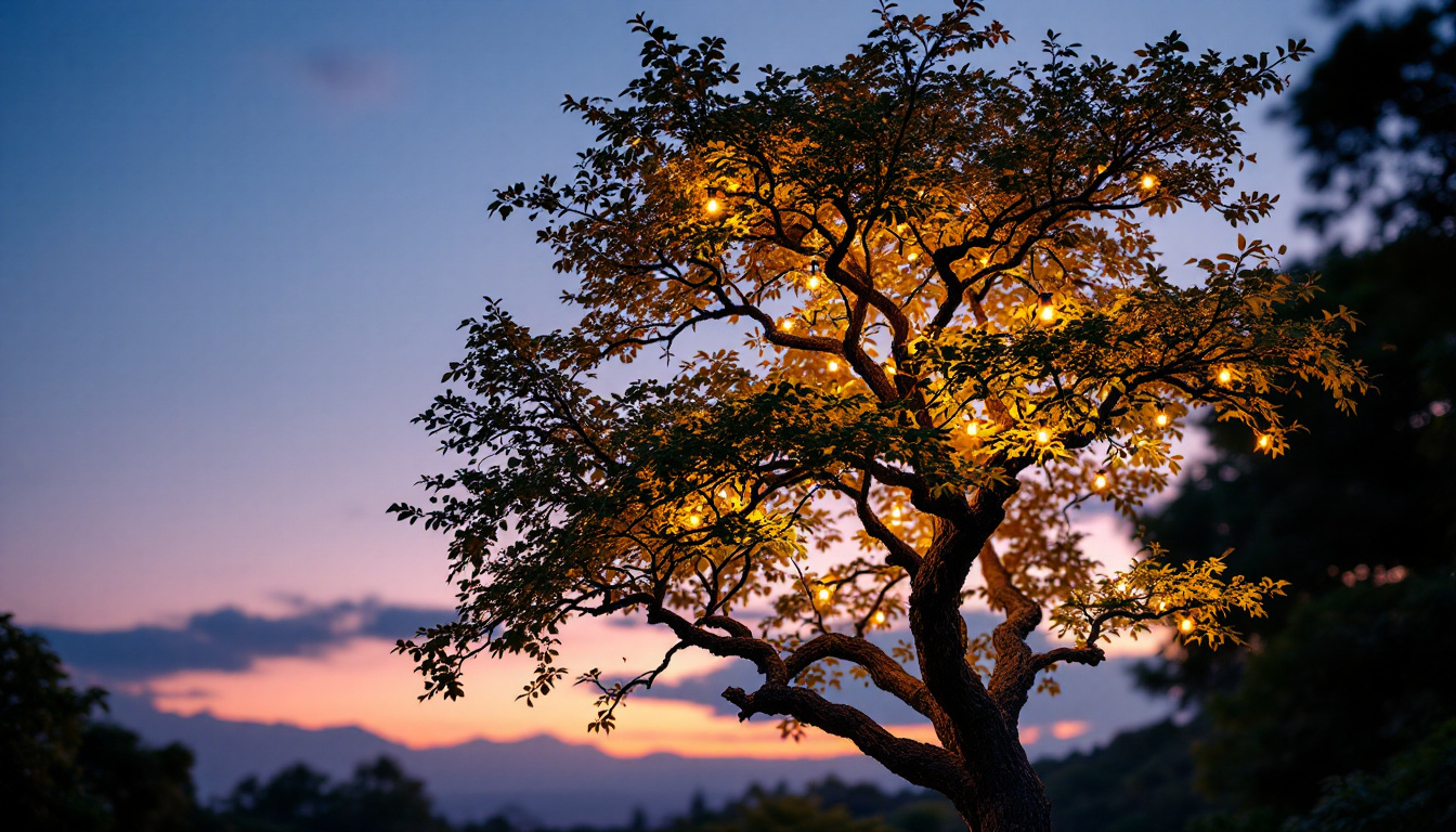 A photograph of a beautifully illuminated tree at dusk