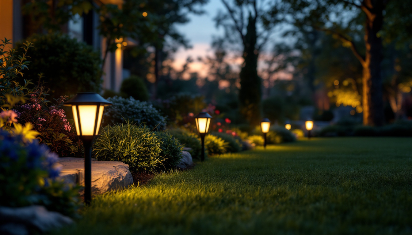 A photograph of a beautifully landscaped garden at dusk