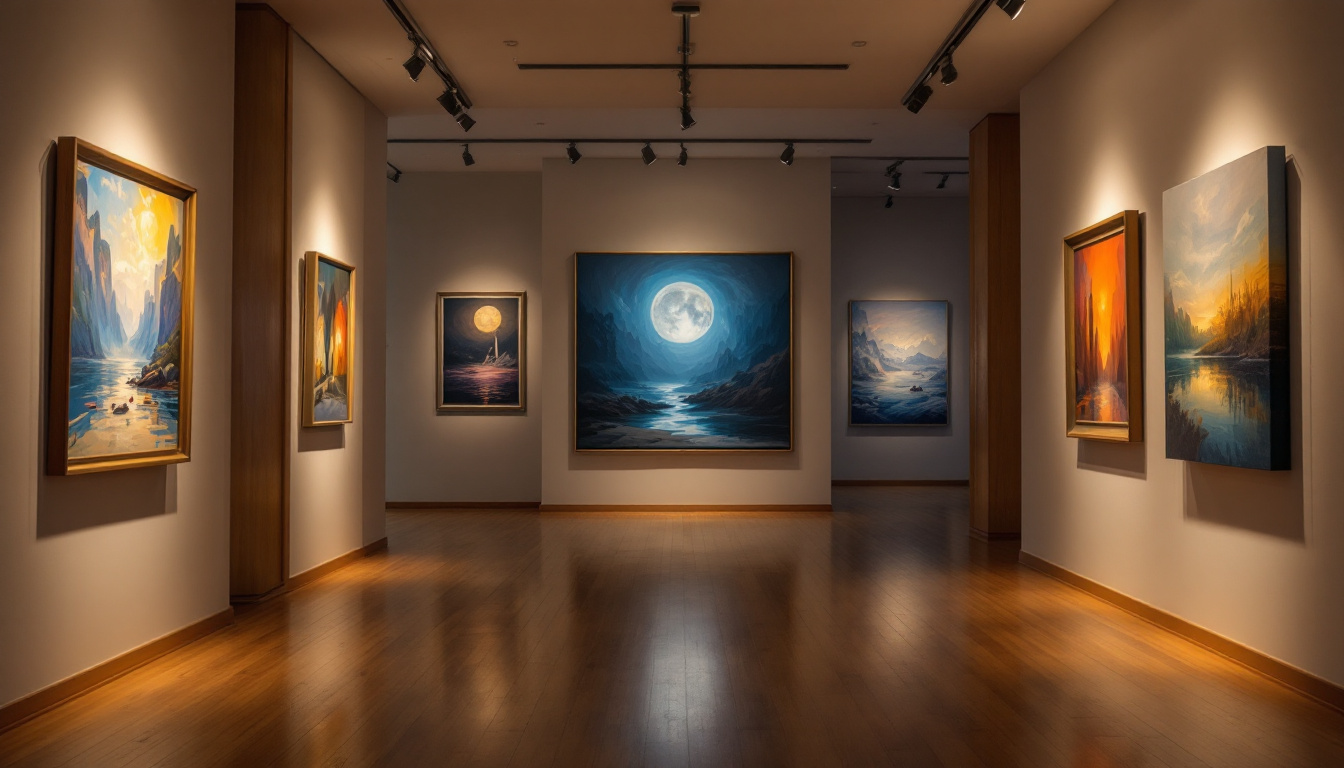 A photograph of a well-lit art gallery showcasing various paintings
