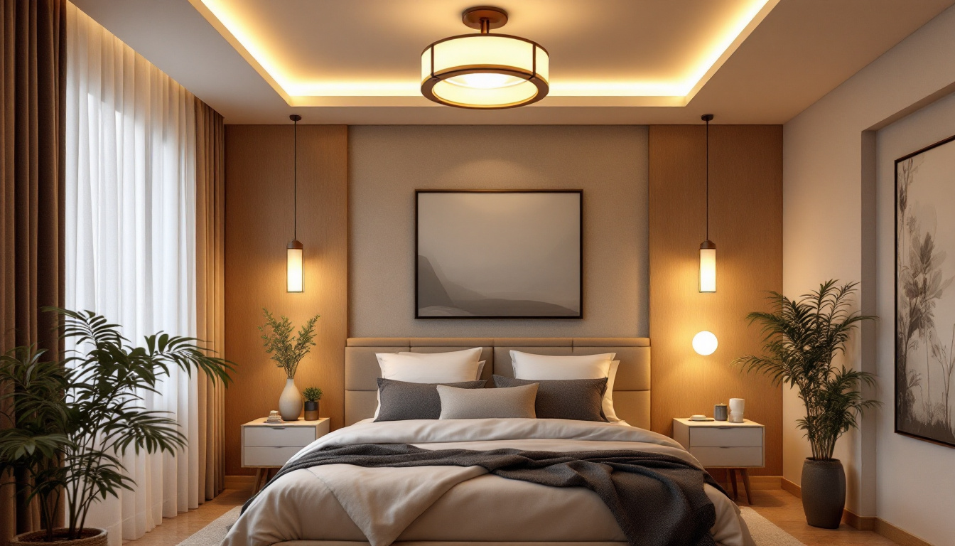 A photograph of a beautifully designed bedroom featuring a stylish ceiling light fixture that enhances the overall ambiance