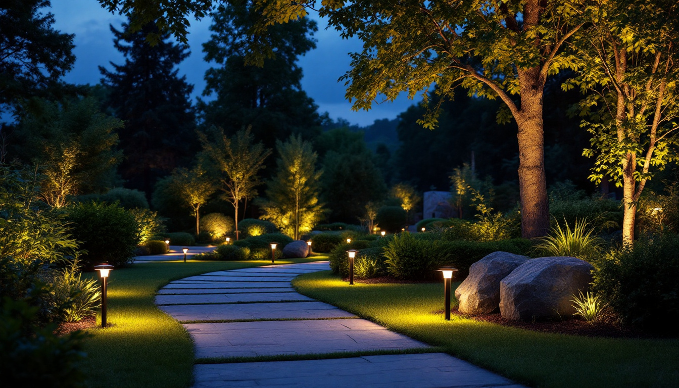 A photograph of a beautifully illuminated outdoor landscape showcasing various types of landscape lighting fixtures in use