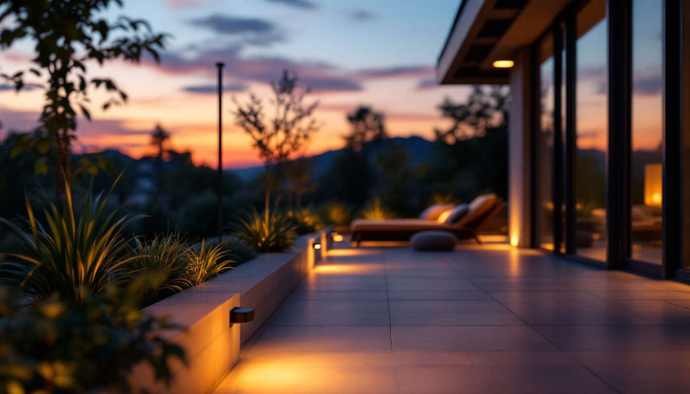 A photograph of a modern outdoor space illuminated by sleek led can lights